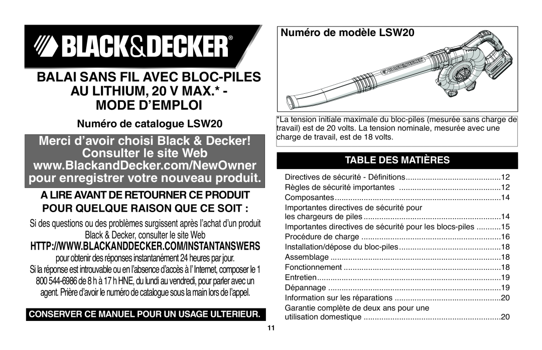 Black & Decker BALAI SANS FIL AVEC BLOC-PILES AU LITHIUM, 20 V MAX MODE D’EMPLOI, Numéro de catalogue LSW20 