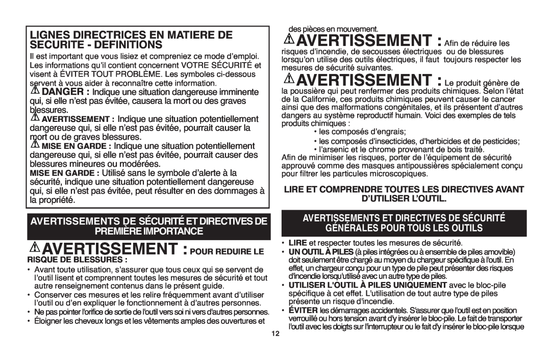 Black & Decker LSW20 instruction manual Avertissement Pour Reduire Le, Lignes Directrices En Matiere De, Premièreimportance 