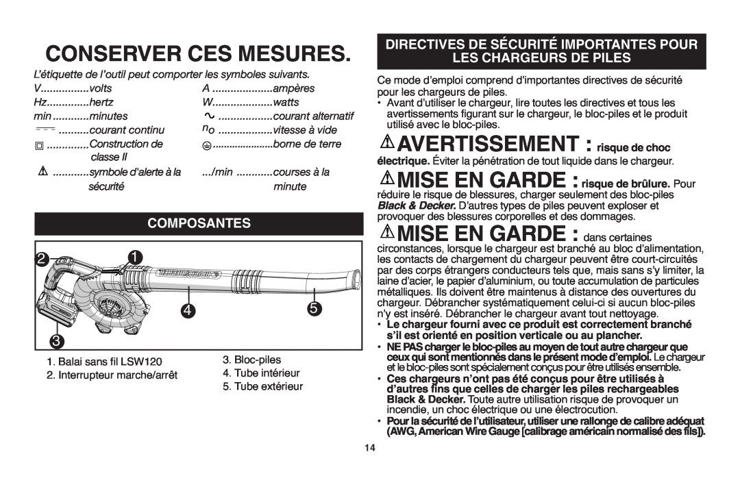 Black & Decker LSW20 instruction manual Conserver Ces Mesures, Avertissement, Composantes 