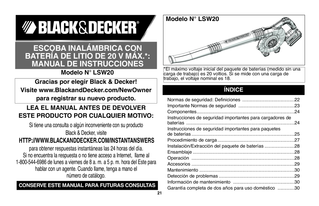 Black & Decker Modelo N LSW20 Gracias por elegir Black & Decker, Índice, Conserveeste Manual Para Futurasconsultas 