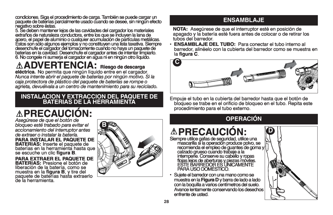 Black & Decker LSW20 Precaución, Ensamblaje, Instalaciony Extraccion Del Paquetede Baterias De La Herramienta, Operación 