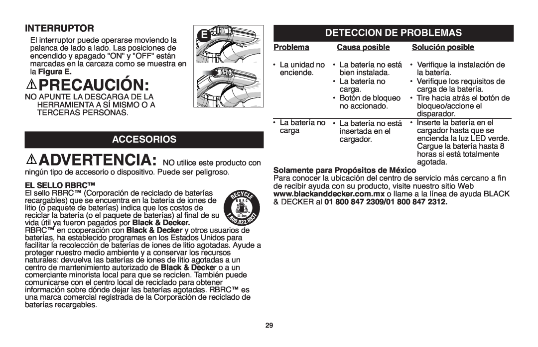 Black & Decker LSW20 Deteccion De Problemas, Accesorios, Causa posible, Solución posible, 01 800 847 2309/01 