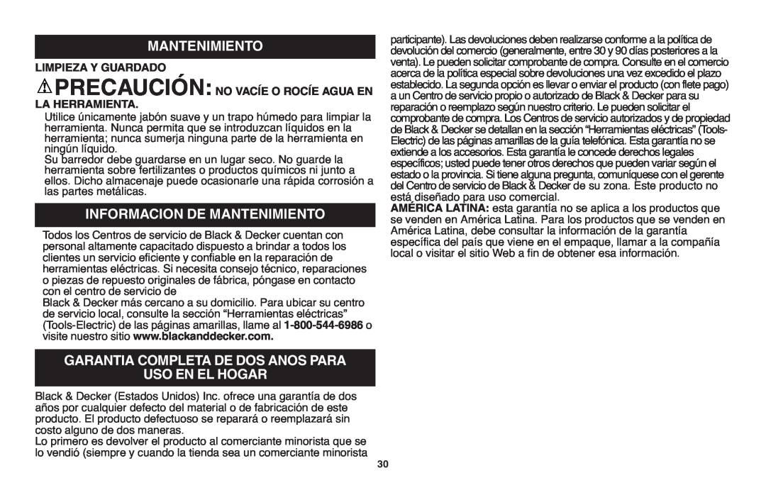 Black & Decker LSW20 Mantenimiento, Garantia Completade Dos Anos Para Uso En El Hogar, Limpieza Y Guardado 