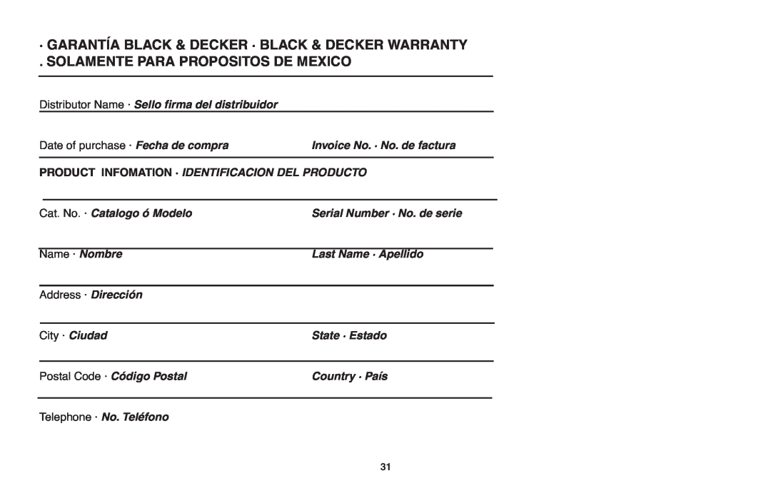 Black & Decker LSW20 · Garantía Black & Decker · Black & Decker Warranty, Solamente Para Propositos De Mexico 