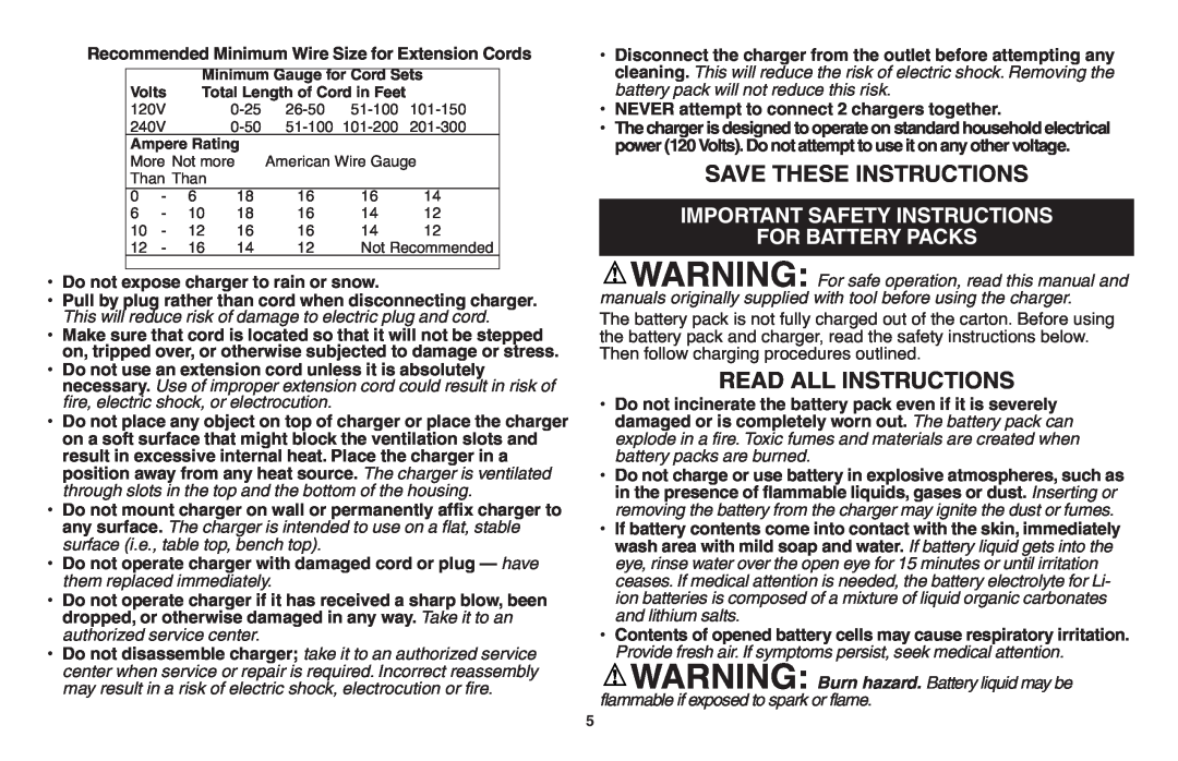 Black & Decker LSW20 Save These Instructions, Important Safety Instructions For Battery Packs, battery packs are burned 