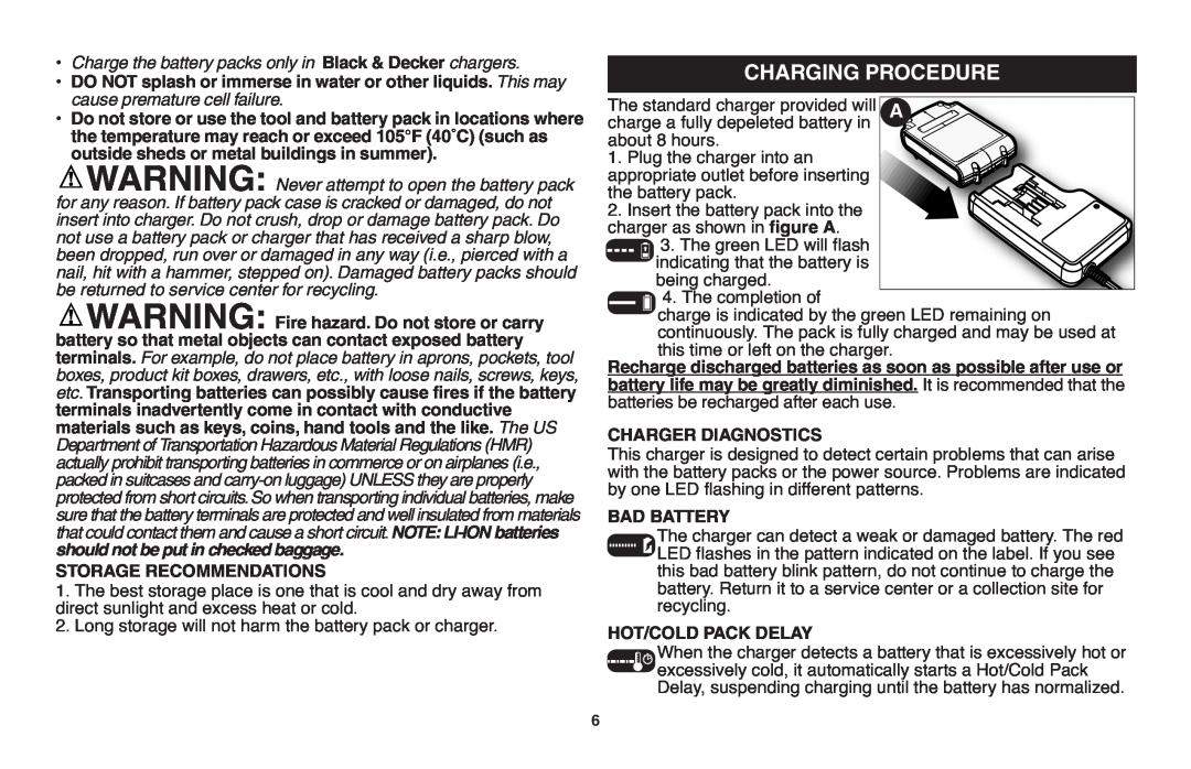 Black & Decker LSW20 instruction manual Charging Procedure, Charge the battery packs only in Black& Decker chargers 