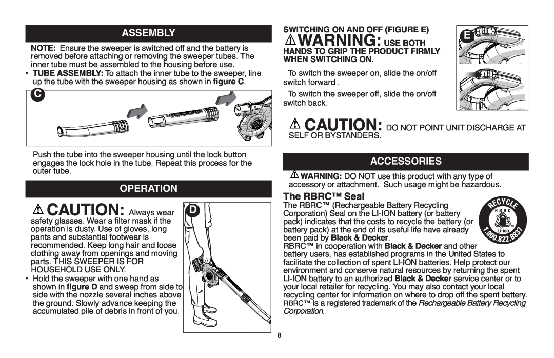 Black & Decker LSW20 Warning Use Both, Assembly, Accessories, Operation, Switching On And Off Figure E, When Switching On 