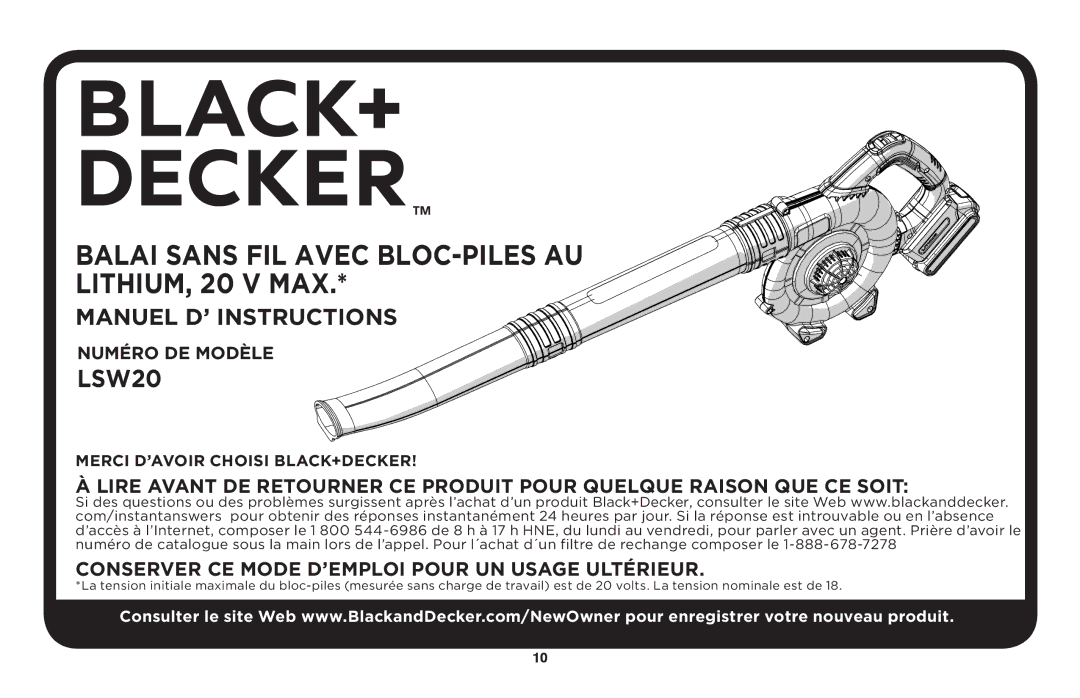 Black & Decker LSW20B, LSW20R instruction manual Balai Sans FIL Avec BLOC-PILES AU LITHIUM, 20 V MAX 