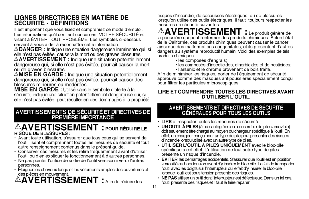 Black & Decker LSW20R, LSW20B instruction manual Première Importance, Générales Pour Tous LES Outils, Risque de blessures 