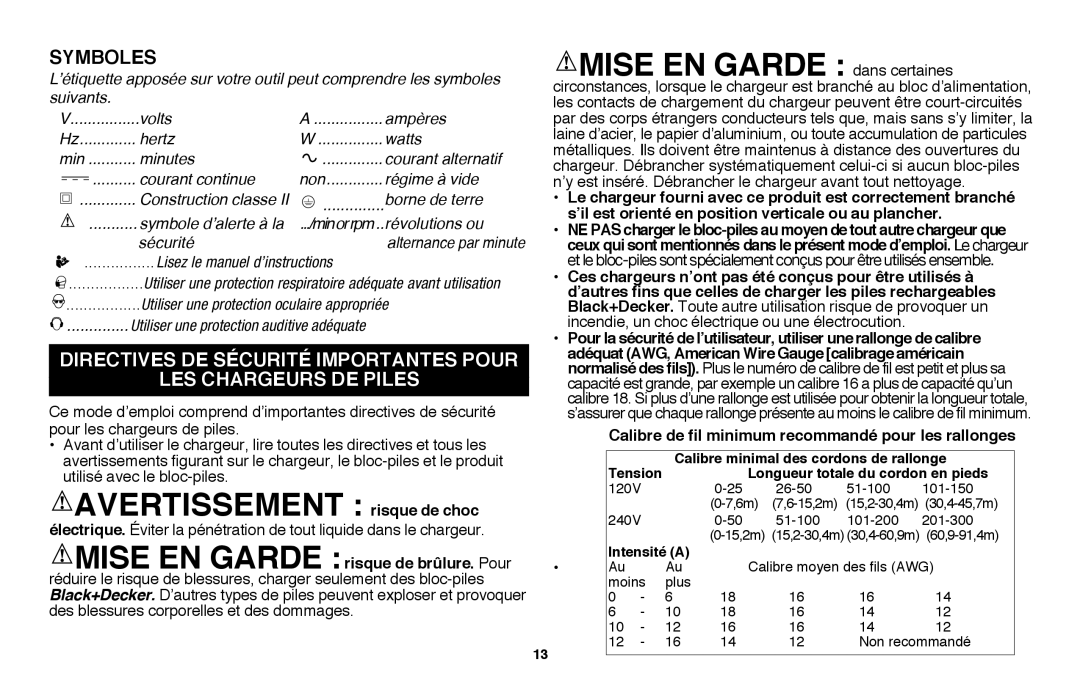 Black & Decker LSW20R, LSW20B instruction manual Symboles, Calibre de fil minimum recommandé pour les rallonges 