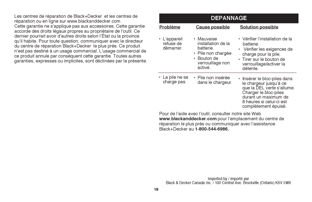 Black & Decker LSW20R, LSW20B instruction manual DEpannage, Problème Cause possible, Solution possible 