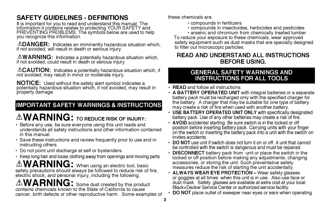 Black & Decker LSW20B, LSW20R Important Safety warnings & instructions, Read and understand ALL Instructions 