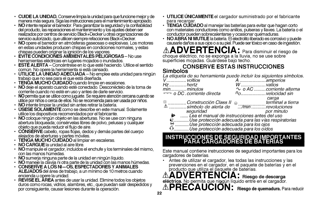 Black & Decker LSW20B, LSW20R instruction manual Simbolos, Precaución Riesgo de quemadura. Para reducir 