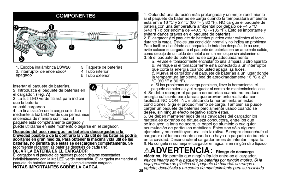 Black & Decker LSW20R, LSW20B Componentes, Dejar la batería en el cargador, Notas importantes sobre la carga 