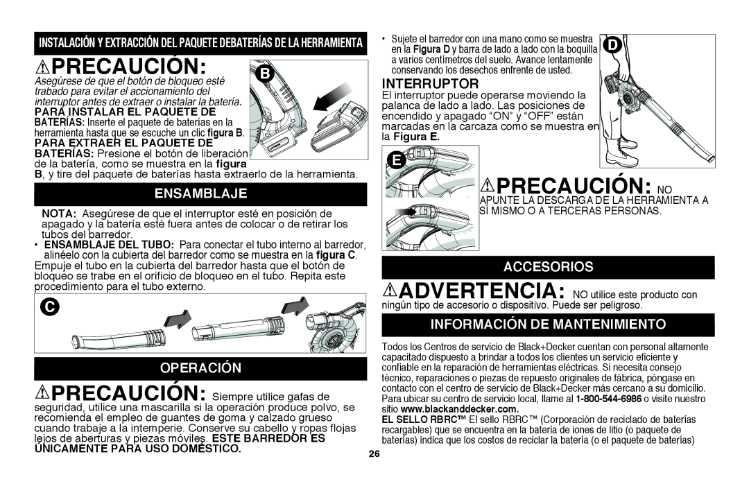 Black & Decker LSW20B, LSW20R instruction manual Ensamblaje, Accesorios, Información de mantenimiento, La Figura E 