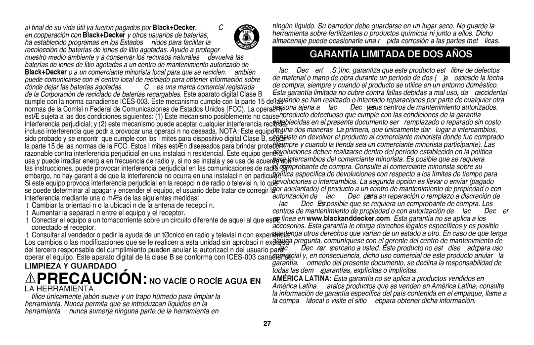 Black & Decker LSW20R, LSW20B instruction manual Garantía Limitada DE Dos Años 