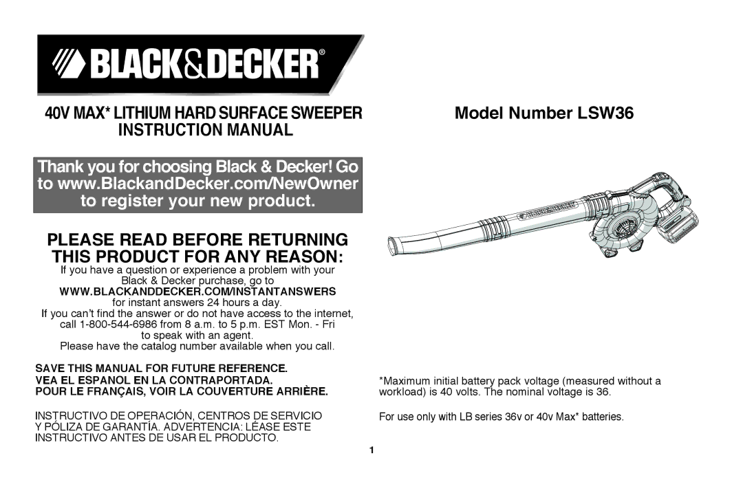 Black & Decker LSW36 instruction manual Save this manual for future reference, VEA EL Espanol EN LA Contraportada 