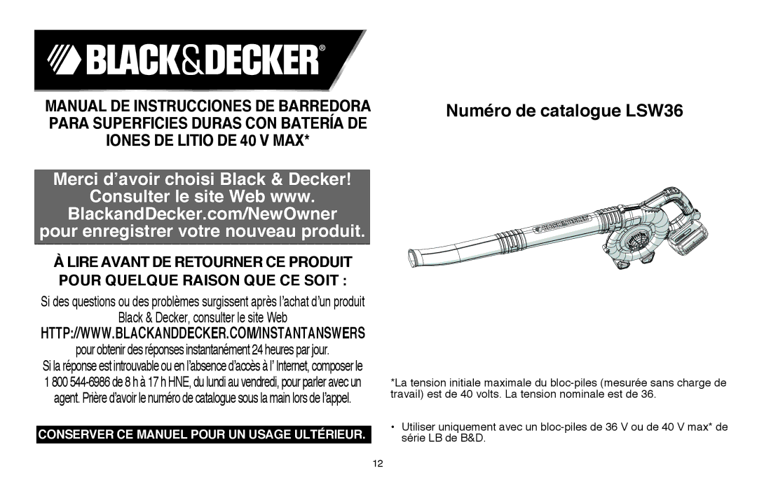 Black & Decker instruction manual Numéro de catalogue LSW36 