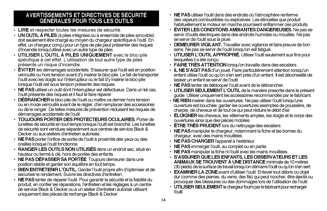 Black & Decker LSW36 instruction manual Générales Pour Tous LES Outils, Lire et respecter toutes les mesures de sécurité 