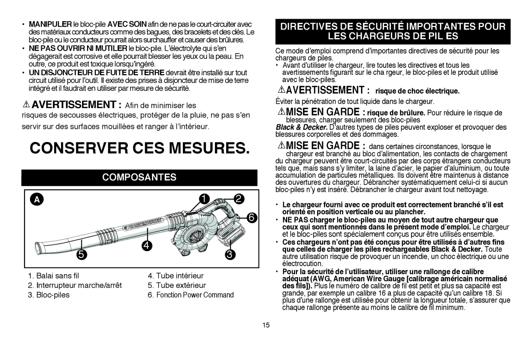 Black & Decker LSW36 instruction manual Composantes, Avertissement risque de choc électrique 