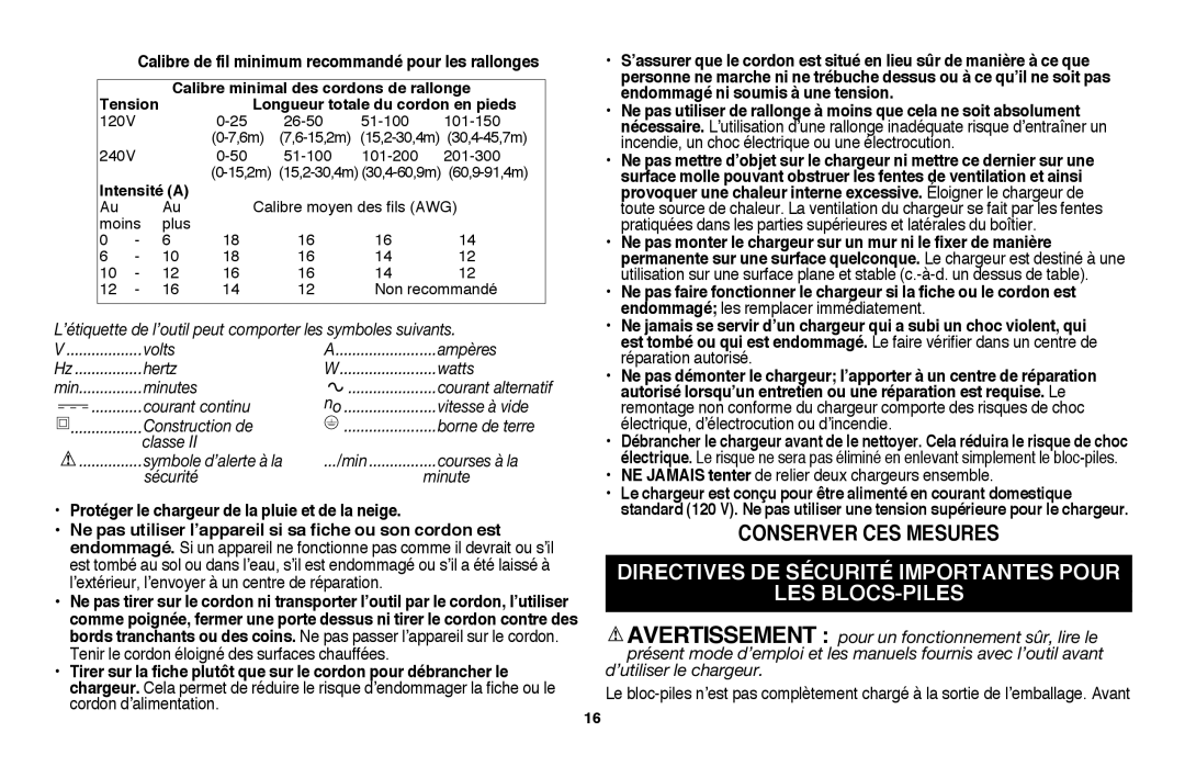 Black & Decker LSW36 instruction manual Directives de sÉcuritÉ importantes pour Les blocs-piles 