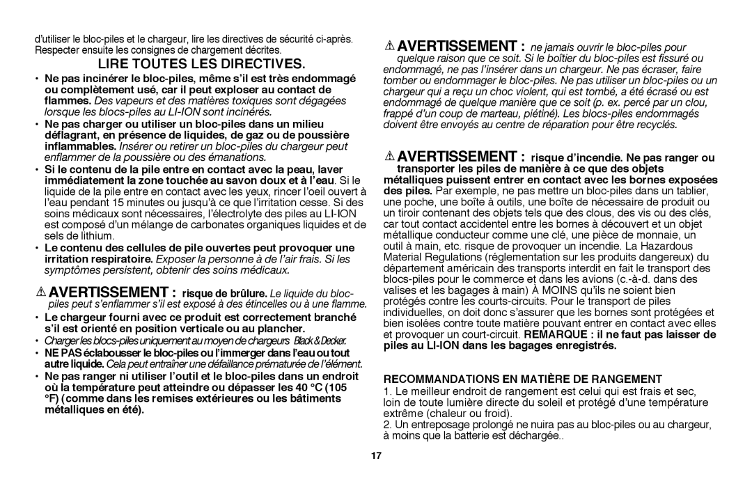 Black & Decker LSW36 instruction manual Lire toutes les directives, Recommandations en matière de rangement 