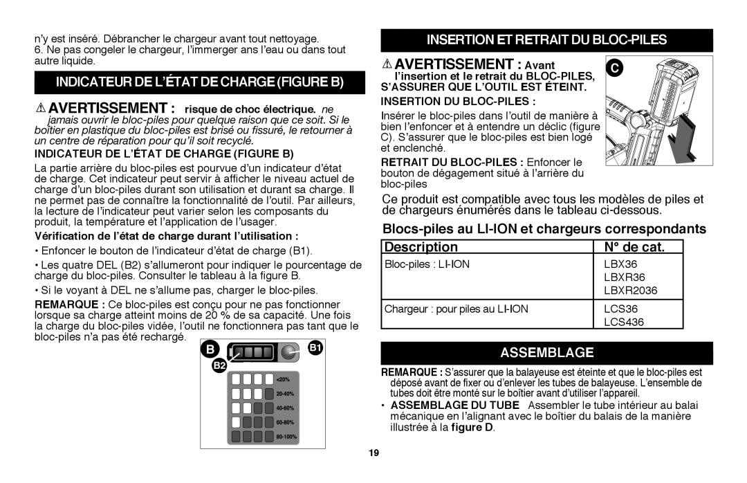 Black & Decker LSW36 Avertissement Avant, Indicateur de L’état De charge figure B, Insertion et retrait du bloc-piles 