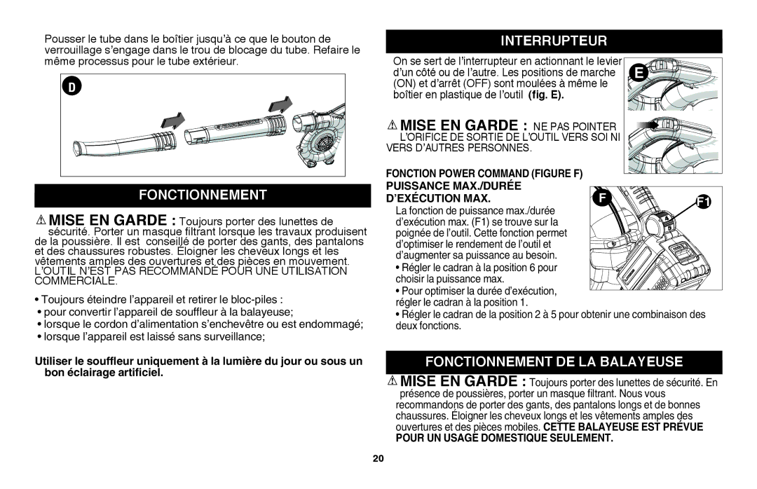 Black & Decker LSW36 instruction manual Mise EN Garde Ne pas pointer, Interrupteur, Fonctionnement DE LA Balayeuse 