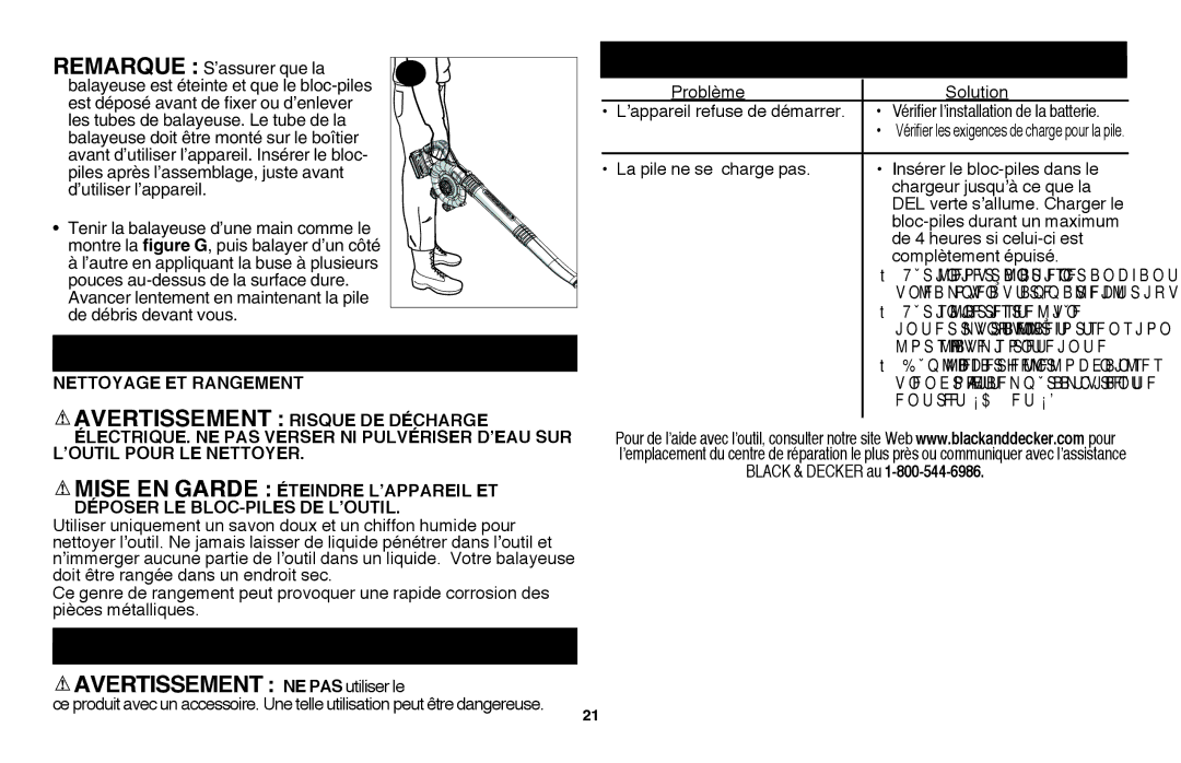 Black & Decker LSW36 instruction manual Avertissement NE PAS utiliser le, Entretien, DEpannage, Accessoires 