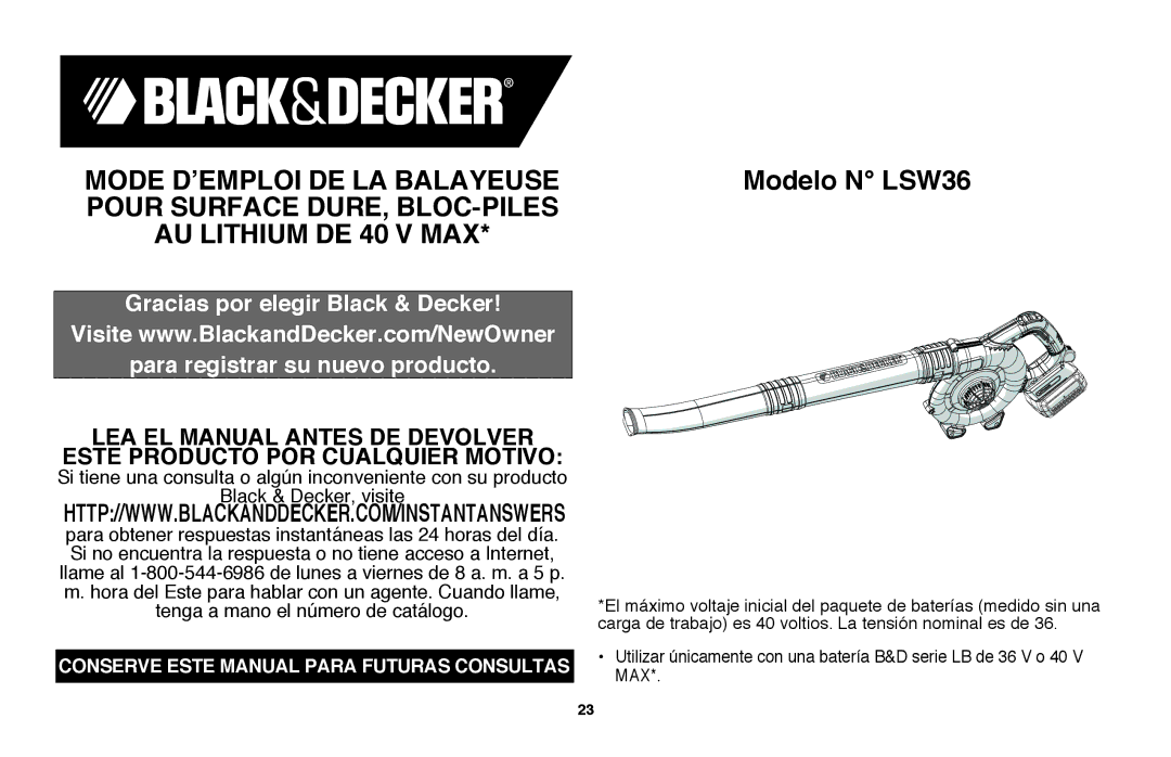 Black & Decker instruction manual Modelo N LSW36 