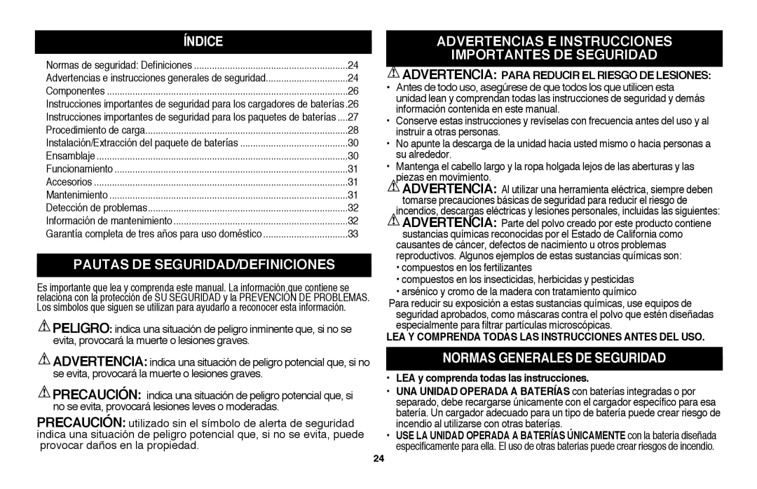 Black & Decker LSW36 Índice, Pautas DE SEGURIDAD/DEFINICIONES, Advertencias E Instrucciones, Importantes DE Seguridad 