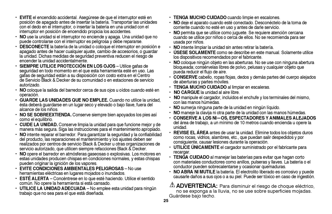 Black & Decker LSW36 instruction manual Tenga Mucho Cuidado cuando limpie en escalones, 25 Guárdese bajo techo 