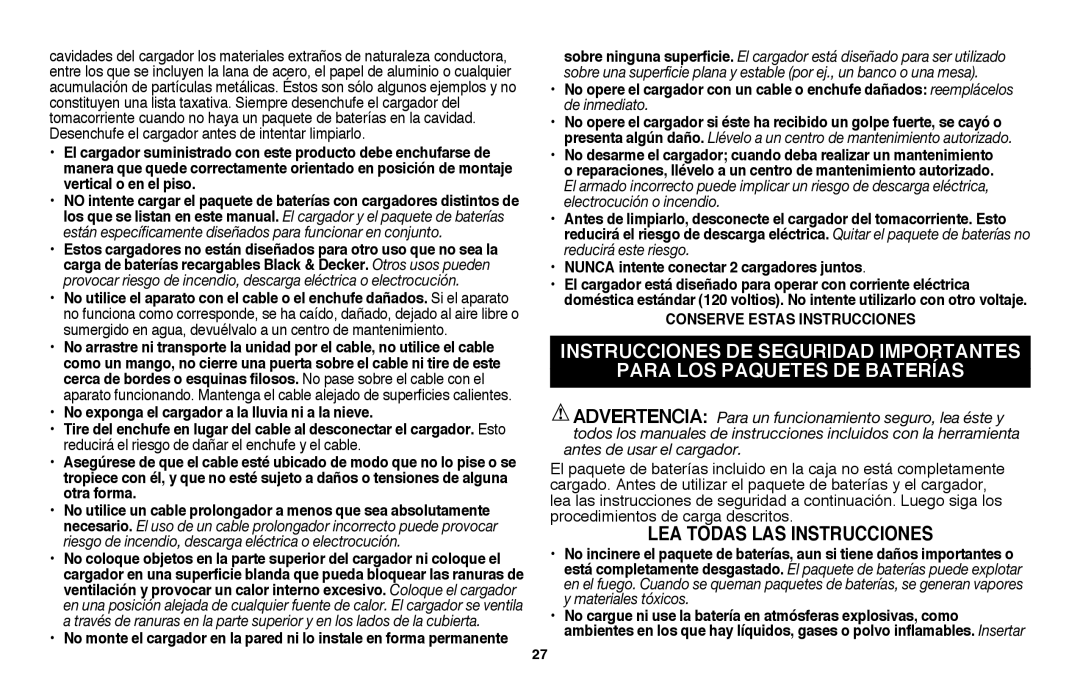 Black & Decker LSW36 instruction manual No exponga el cargador a la lluvia ni a la nieve, Conserve Estas Instrucciones 