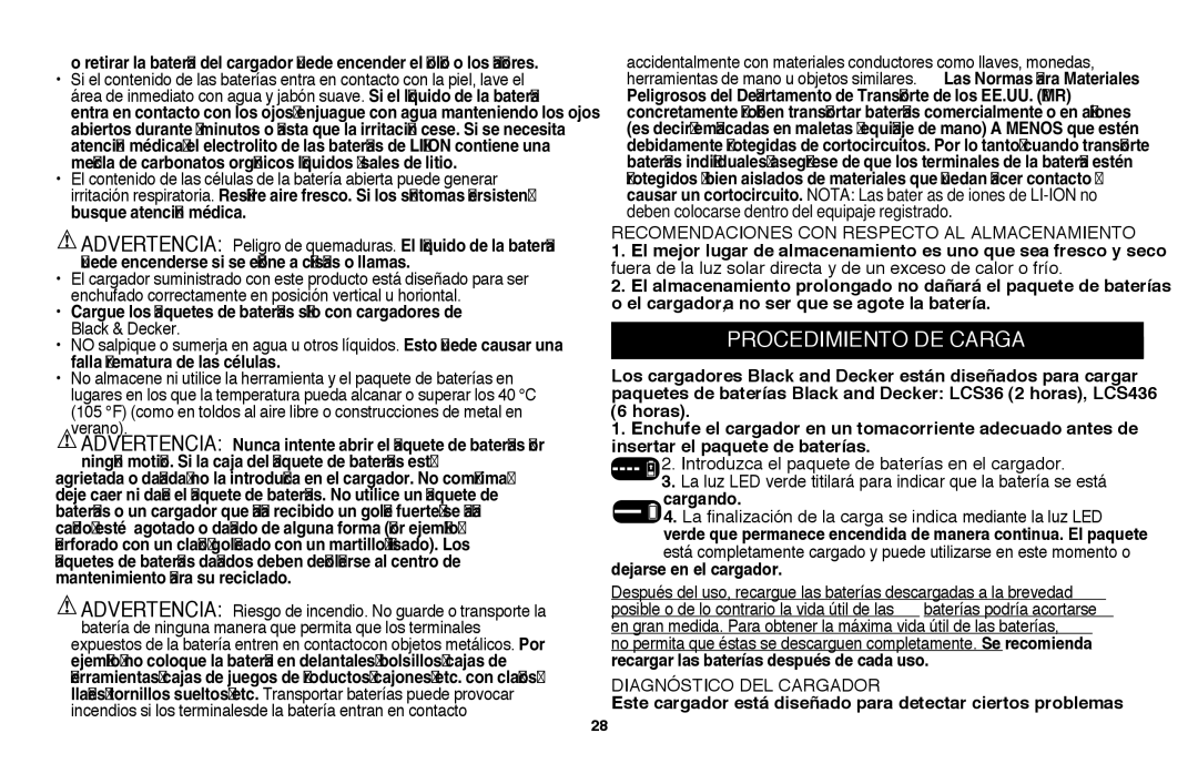 Black & Decker LSW36 instruction manual Procedimiento de carga, Dejarse en el cargador, Diagnóstico del cargador 