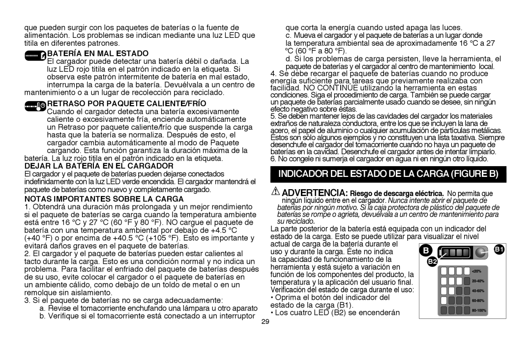 Black & Decker LSW36 IndicaDOr deL Estado de la carga figure B, Batería en mal estado, Retraso por paquete caliente/frío 