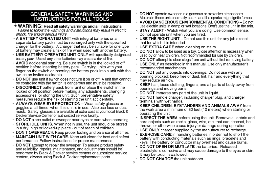 Black & Decker LSW36 instruction manual General safety warnings and instructions for all tools 