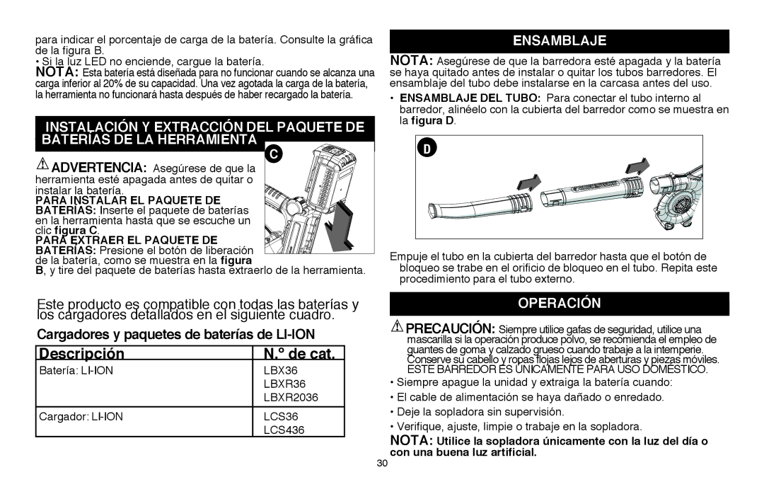 Black & Decker LSW36 Descripción De cat, Instalación y extracción del paquete de, Baterías de la herramienta, Ensamblaje 