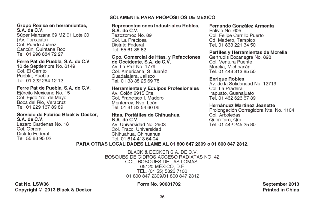 Black & Decker LSW36 instruction manual Solamente Para Propositos DE Mexico 