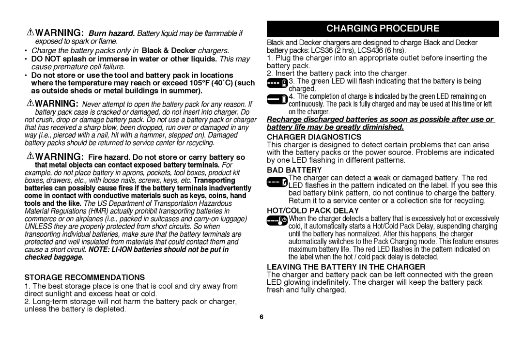 Black & Decker LSW36 instruction manual Charging Procedure 