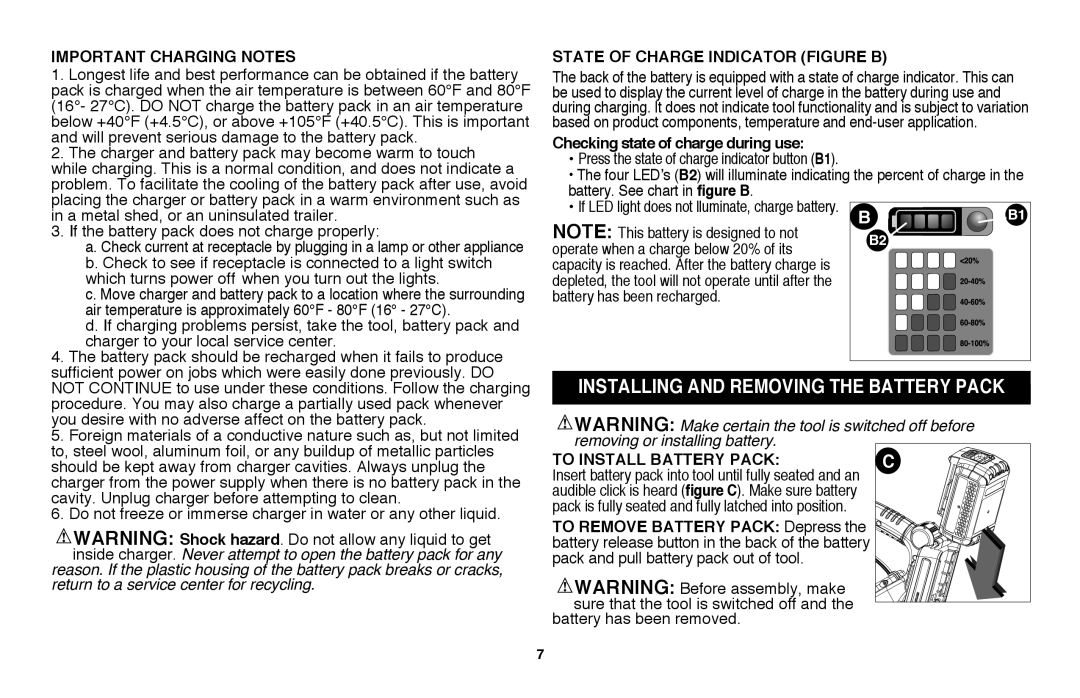 Black & Decker LSW36 instruction manual Installing and removing the battery pack 