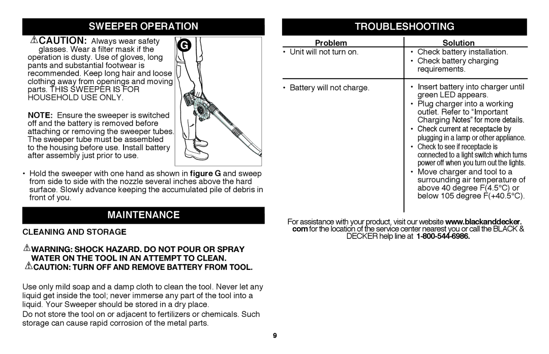 Black & Decker LSW36 Sweeper operation, Maintenance, TRoubleshooting, Cleaning and Storage, Problem Solution 