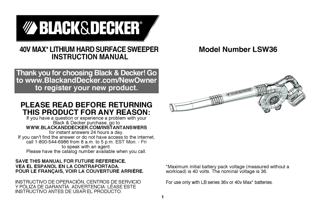 Black & Decker instruction manual Please read before returning this product for any reason, Model Number LSW36 
