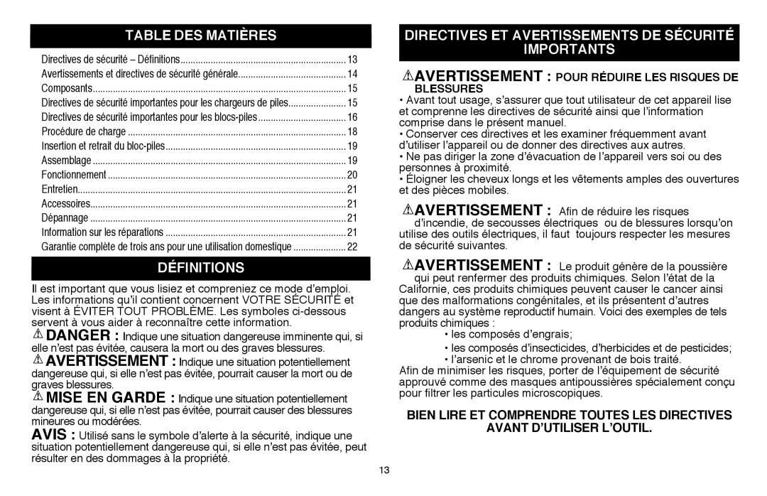 Black & Decker LSW36 Table Des Matières, Définitions, Directives Et Avertissements De Sécurité Importants 
