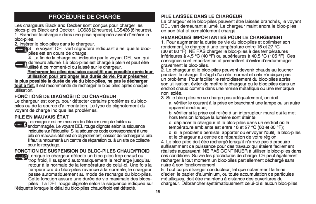Black & Decker LSW36 instruction manual Procédure de charge, Fonctions de diagnostic du chargeur, Pile en mauvais état 