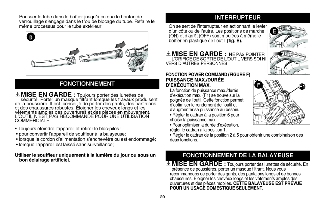 Black & Decker LSW36 MISE EN GARDE Ne pas pointer, Interrupteur, Fonctionnement De La Balayeuse, Puissance Max./Durée 