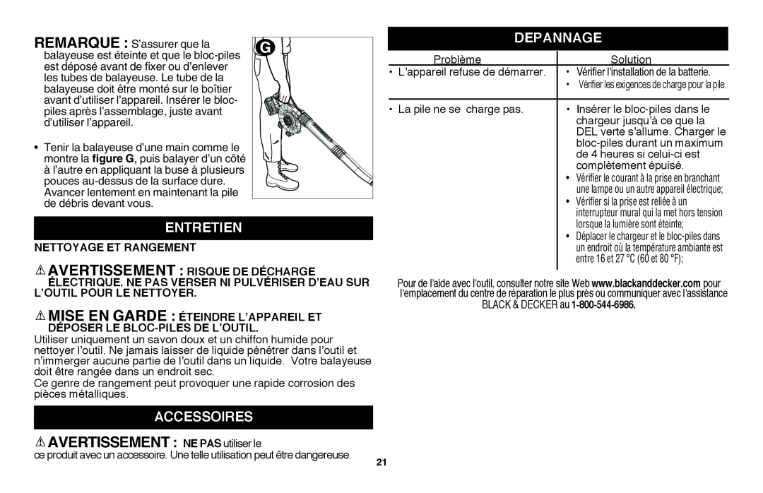 Black & Decker LSW36 instruction manual AVERTISSEMENT NE PAS utiliser le, Entretien, dEpannage, Accessoires 