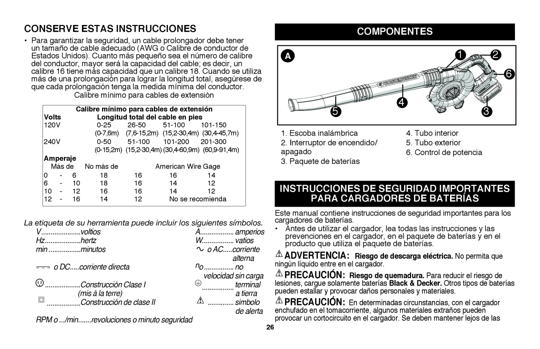 Black & Decker LSW36 instruction manual Conserve Estas Instrucciones, Componentes 
