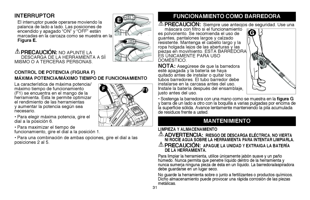Black & Decker LSW36 instruction manual Interruptor, Funcionamiento Como Barredora, Precaución No Apunte La, Mantenimiento 