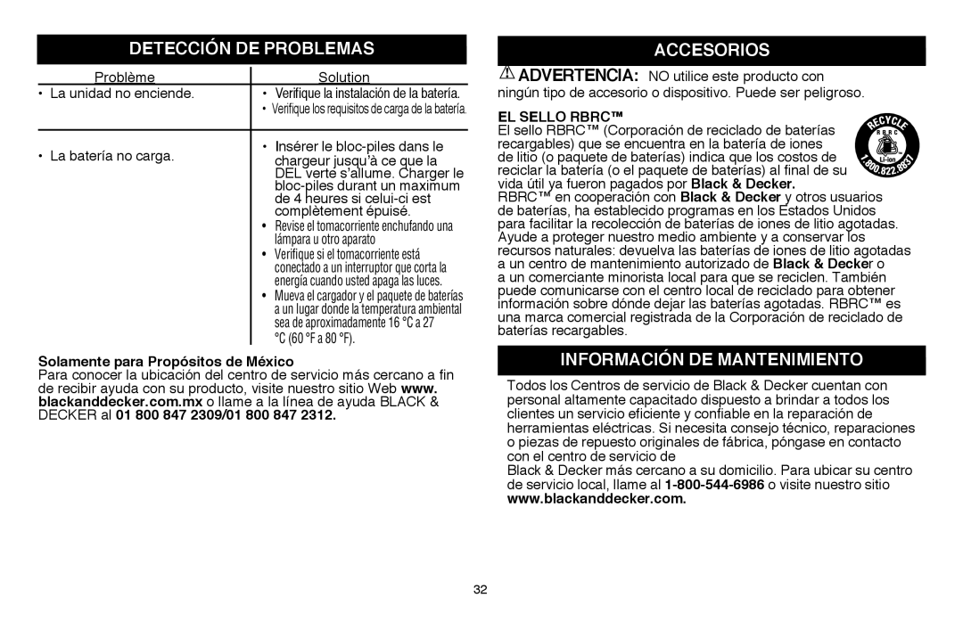 Black & Decker LSW36 Detección de problemas, Accesorios, Información de mantenimiento, Solamente para Propósitos de México 