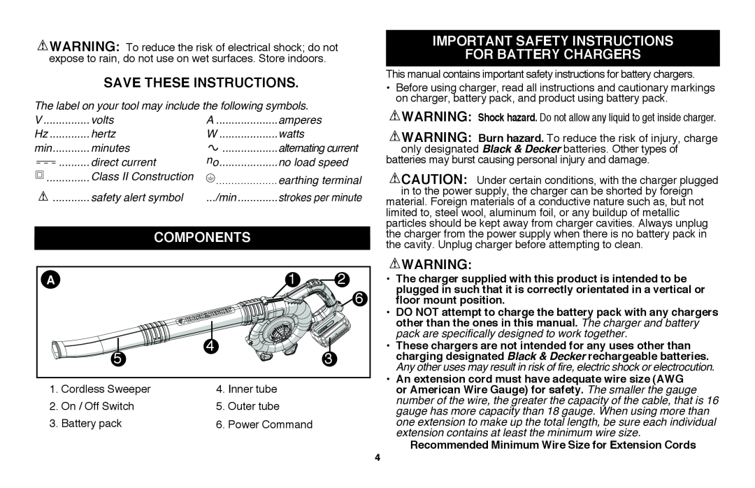 Black & Decker LSW36 Save These Instructions, components, important safety instructions for battery chargers 